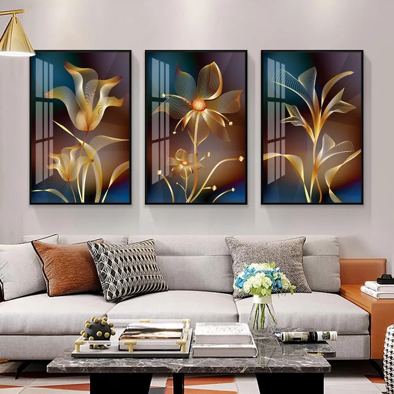 Art mural Canvas Fleurs dorées (3 pièces)