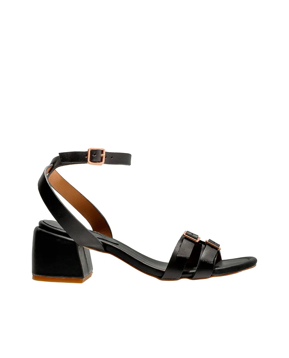 Sandales à talon carré deux boucles - Noir