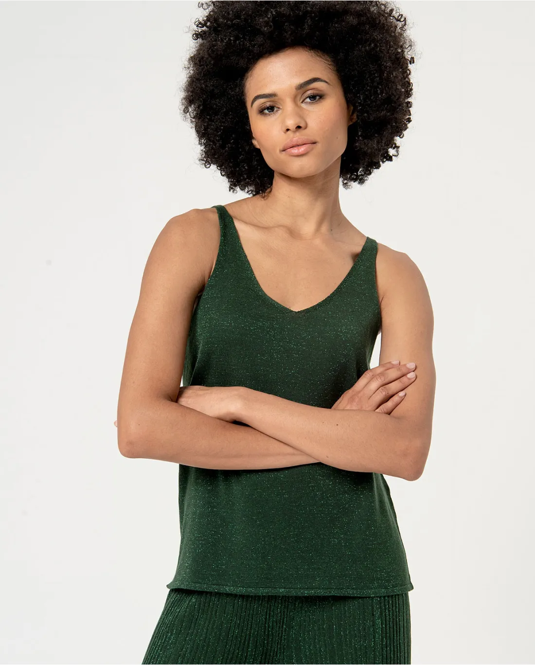 Top uni en tricot de fil métallique Vert